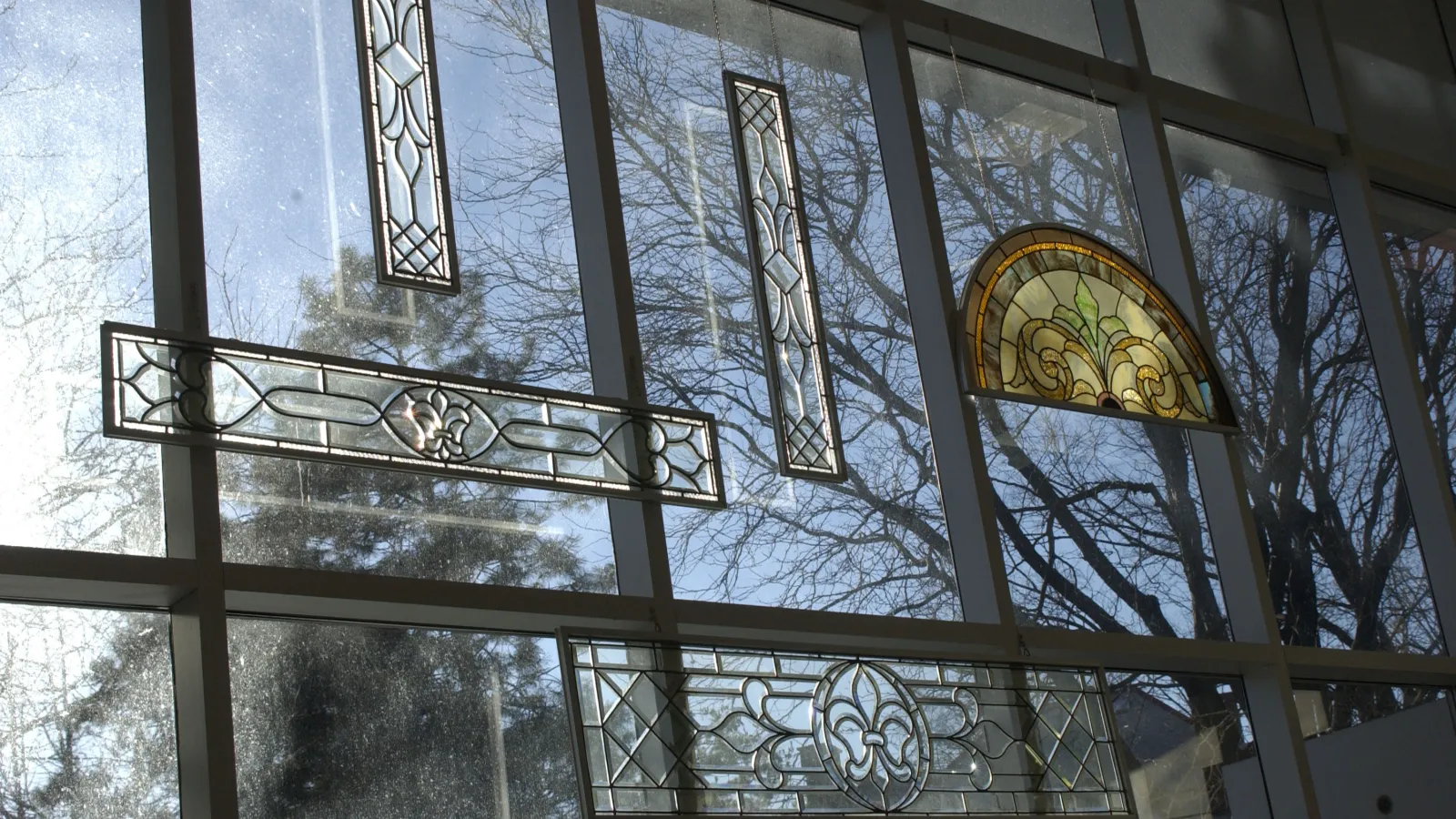 A view of the stained glass decorations at the Mershon Center