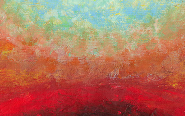 Abstract painting with turquoise, brown, red, orange