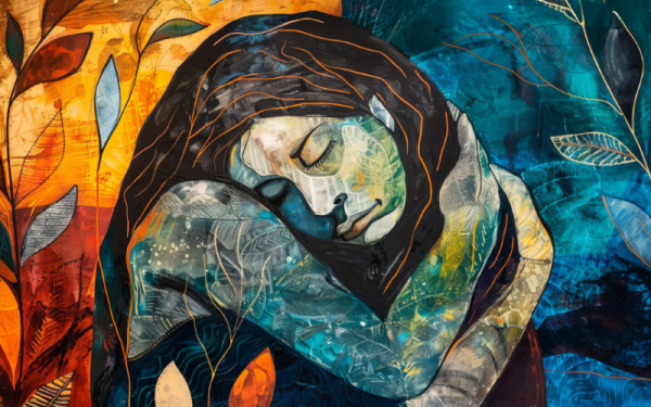 Orange, brown, and teal design of sad woman embracing another woman