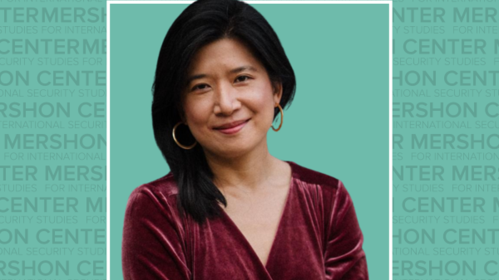 Photo of Erin Lin with repeating Mershon Center text on teal background