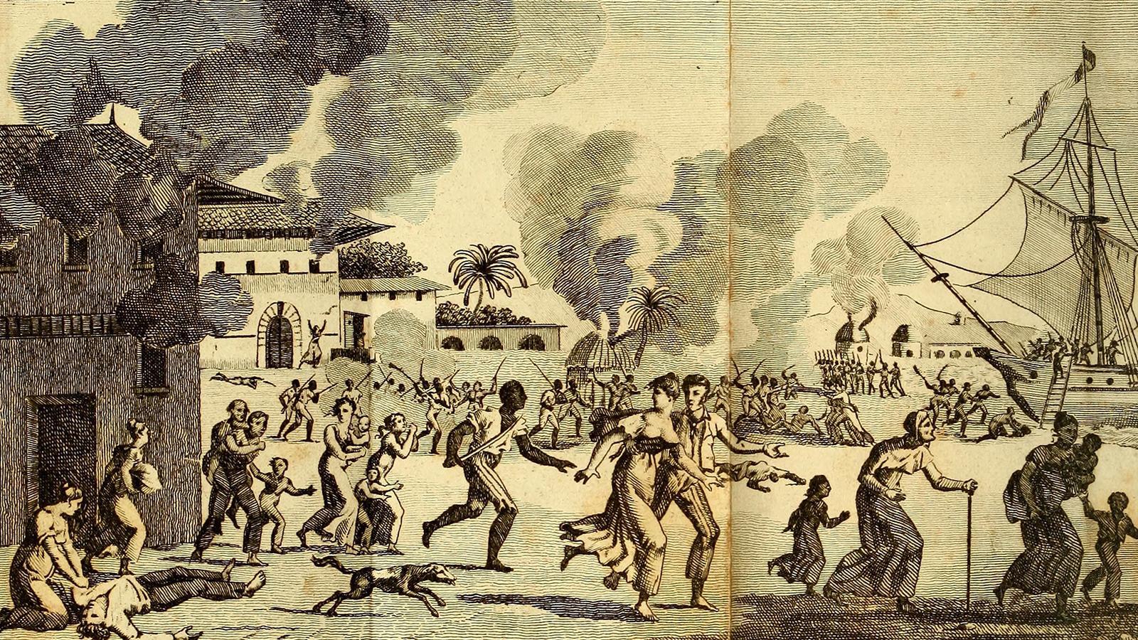 Drawing of people fleeing, fires burning, and chaos at an 18th century tropical port